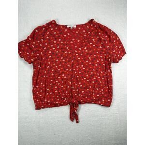Madewell Womens Small Red White Blue Floral Short Sleeve Tie Front Shirt Blouse